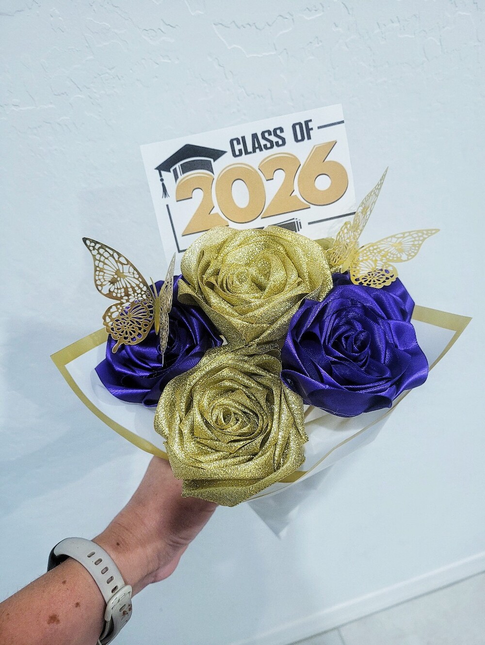 Class of 2026 Graduation Bouquet - Gold & Purple Floral Accent